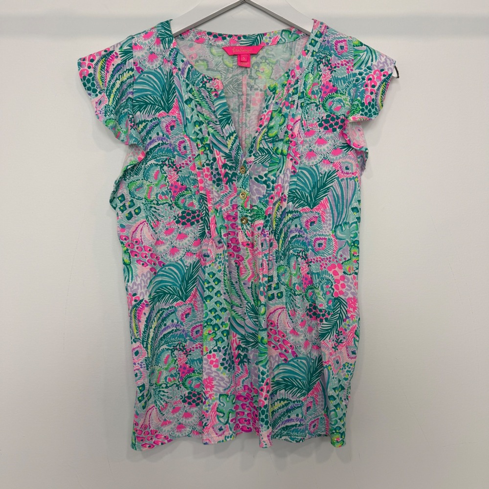 Lilly Pulitzer V-Neck Top Multi Tropical Floral Flutter Sleeve Cotton S